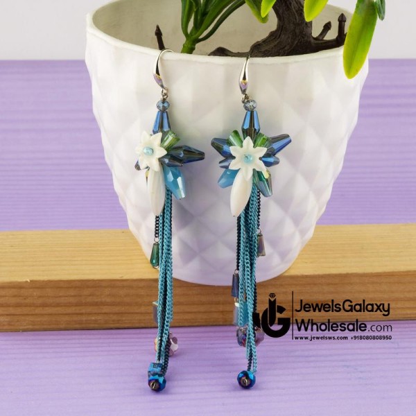 Blue & White Silver-Plated Handcrafted Drop Earrings