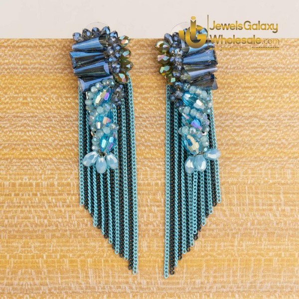 Blue Silver-Plated Handcrafted Drop Earrings