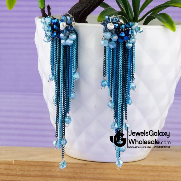 Blue Silver-Plated Tasselled Contemporary Drop Earrings