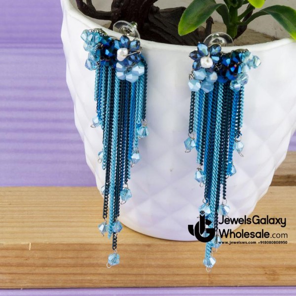 Blue Silver-Plated Tasselled Contemporary Drop Earrings