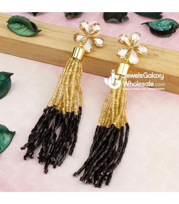 Black Gold-Plated Handcrafted Tasselled Floral Drop Earrings
