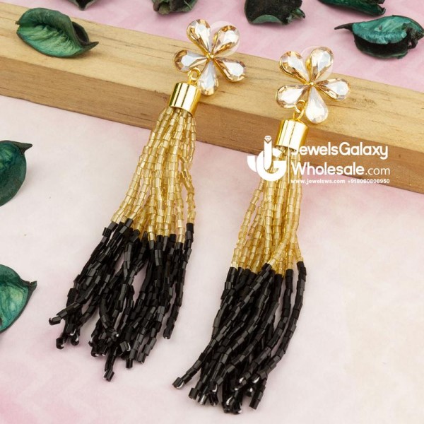Black Gold-Plated Handcrafted Tasselled Floral Drop Earrings