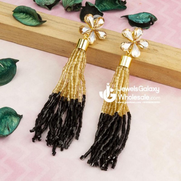 Black Gold-Plated Handcrafted Tasselled Floral Drop Earrings