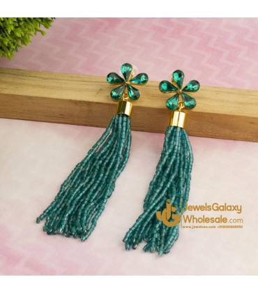 Green Gold-Plated Floral Handcrafted Drop Earrings