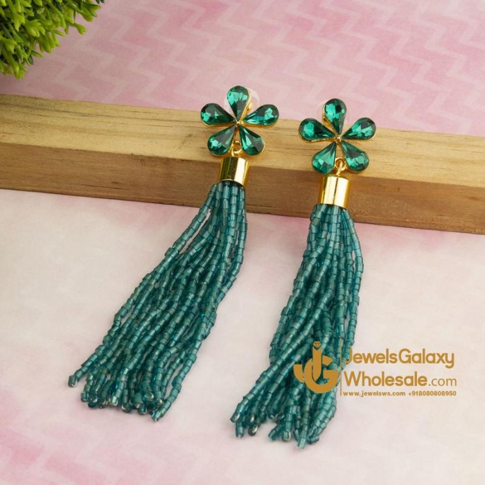 Green Gold-Plated Floral Handcrafted Drop Earrings