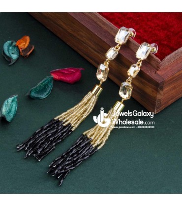 Black Gold-Plated Stone-Studded Handcrafted Tasselled Drop Earrings