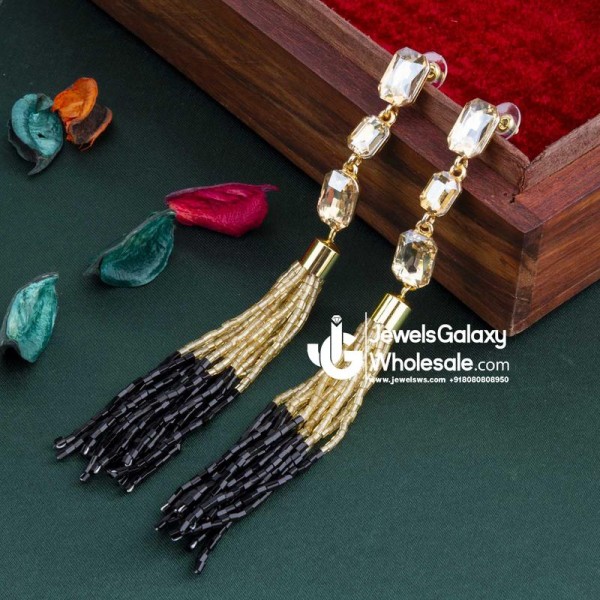 Black Gold-Plated Stone-Studded Handcrafted Tasselled Drop Earrings
