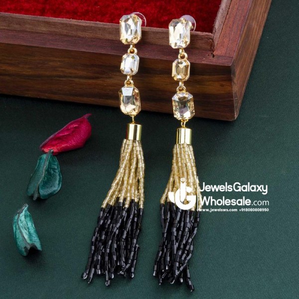 Black Gold-Plated Stone-Studded Handcrafted Tasselled Drop Earrings