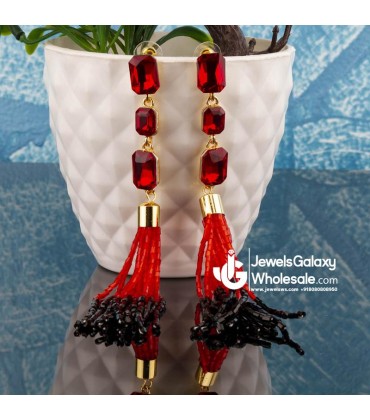 Red & Black Gold-Plated Handcrafted Tasselled Contemporary Drop Earrings