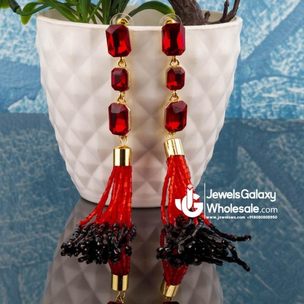 Red & Black Gold-Plated Handcrafted Tasselled Contemporary Drop Earrings