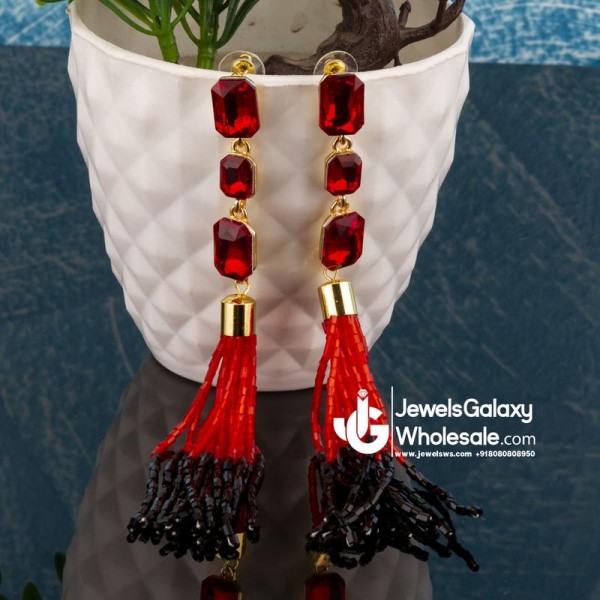 Red & Black Gold-Plated Handcrafted Tasselled Contemporary Drop Earrings