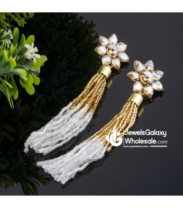 White Gold-Plated Handcrafted Tasselled Floral Drop Earrings