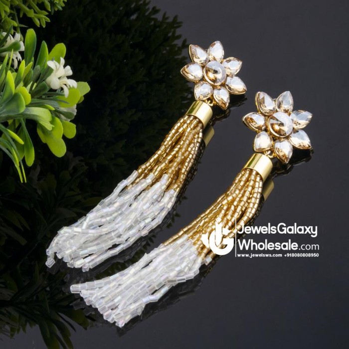 White Gold-Plated Handcrafted Tasselled Floral Drop Earrings