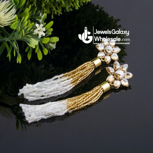 White Gold-Plated Handcrafted Tasselled Floral Drop Earrings