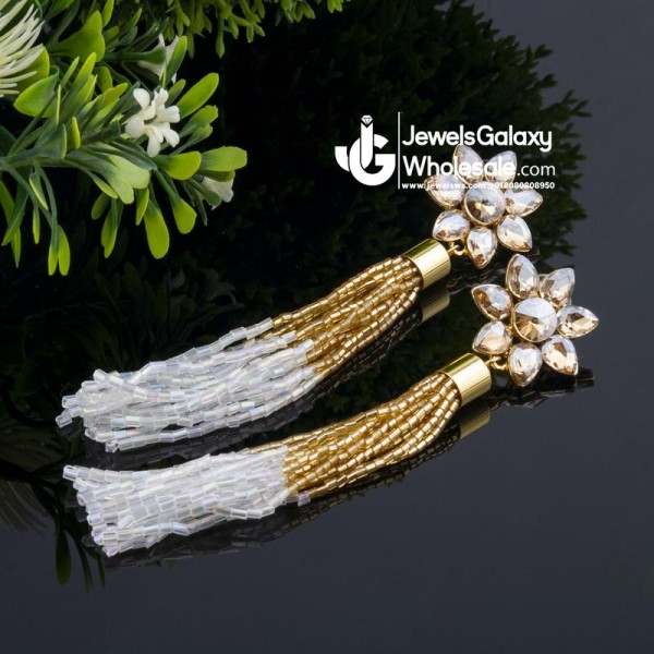 White Gold-Plated Handcrafted Tasselled Floral Drop Earrings