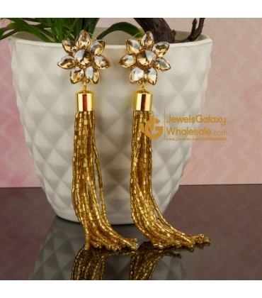 Gold-Plated Stone-Studded Handcrafted Tasselled Floral Drop Earrings