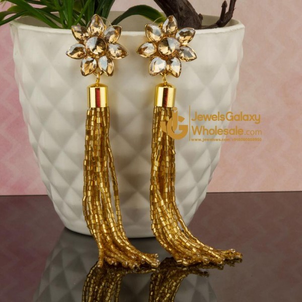 Gold-Plated Stone-Studded Handcrafted Tasselled Floral Drop Earrings