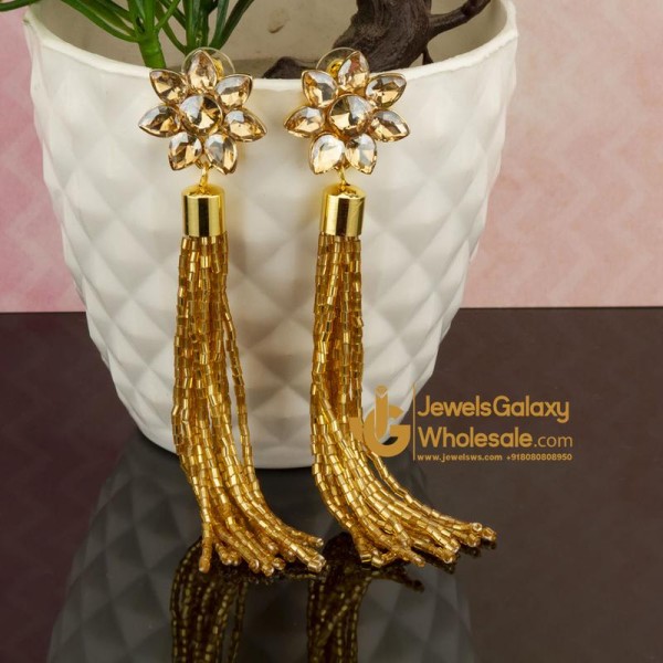 Gold-Plated Stone-Studded Handcrafted Tasselled Floral Drop Earrings
