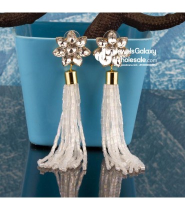 White Gold-Plated Stone-Studded Handcrafted Tasselled Floral Drop Earrings