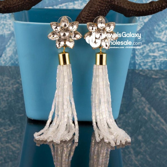 White Gold-Plated Stone-Studded Handcrafted Tasselled Floral Drop Earrings