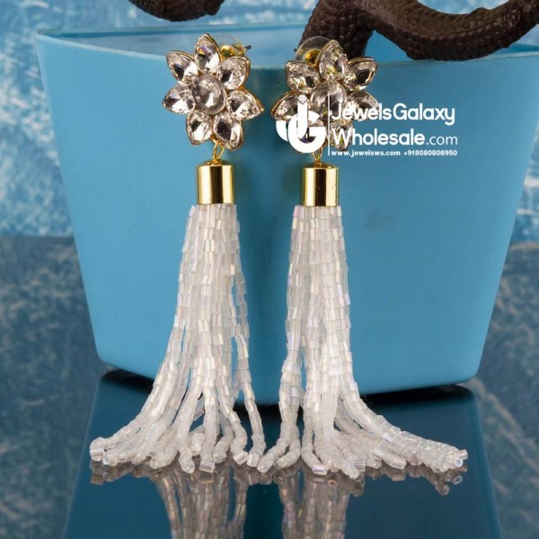 White Gold-Plated Stone-Studded Handcrafted Tasselled Floral Drop Earrings