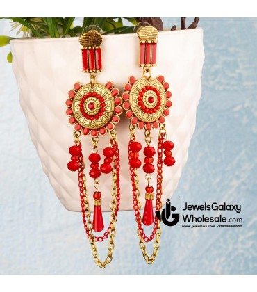 Red Antique Gold-Plated Beaded Handcrafted Drop Earrings
