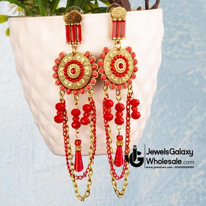 Red Antique Gold-Plated Beaded Handcrafted Drop Earrings