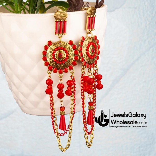 Red Antique Gold-Plated Beaded Handcrafted Drop Earrings