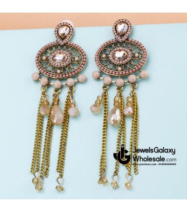 Peach-Coloured Antique Gold-Plated Beaded Handcrafted Drop Earrings