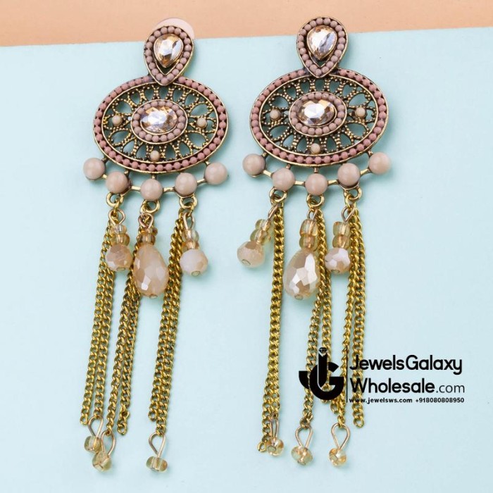 Peach-Coloured Antique Gold-Plated Beaded Handcrafted Drop Earrings