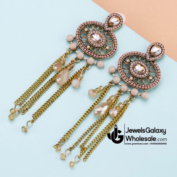 Peach-Coloured Antique Gold-Plated Beaded Handcrafted Drop Earrings