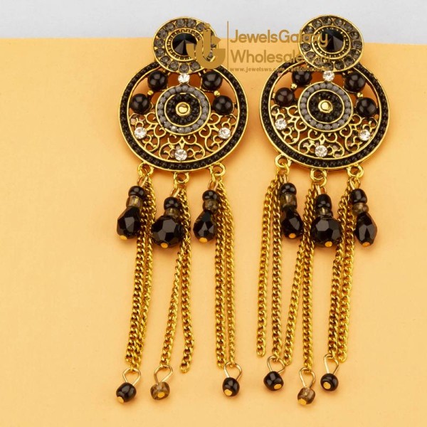Black Antique Gold-Plated Handcrafted Circular Drop Earrings