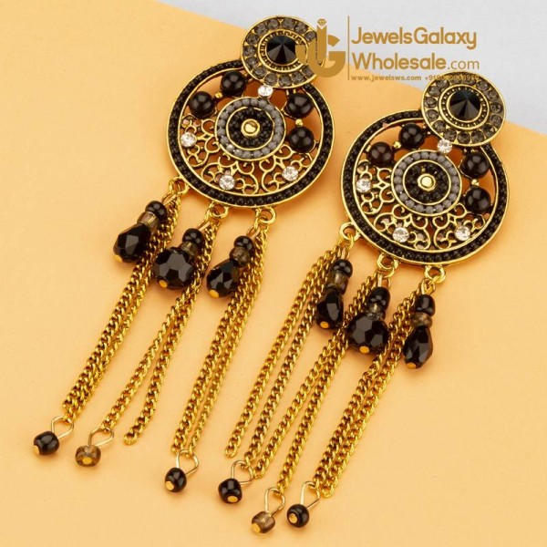 Black Antique Gold-Plated Handcrafted Circular Drop Earrings