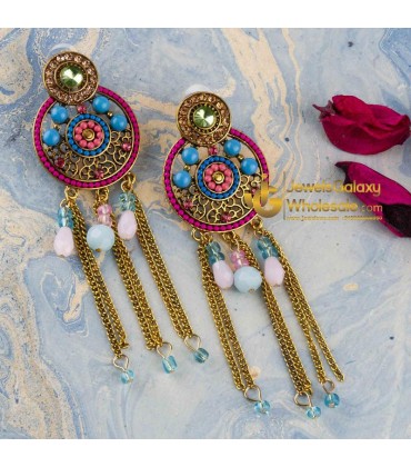 Pink & Blue Antique Gold-Plated Beaded Handcrafted Circular Drop Earrings