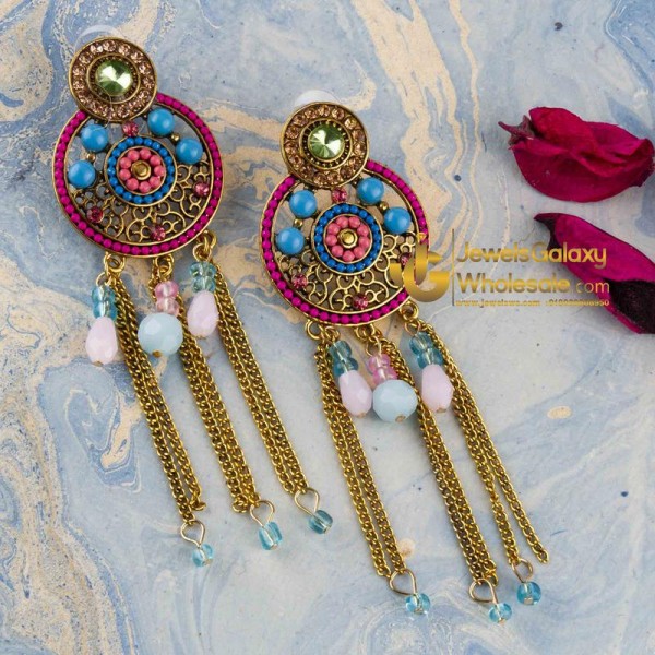 Pink & Blue Antique Gold-Plated Beaded Handcrafted Circular Drop Earrings