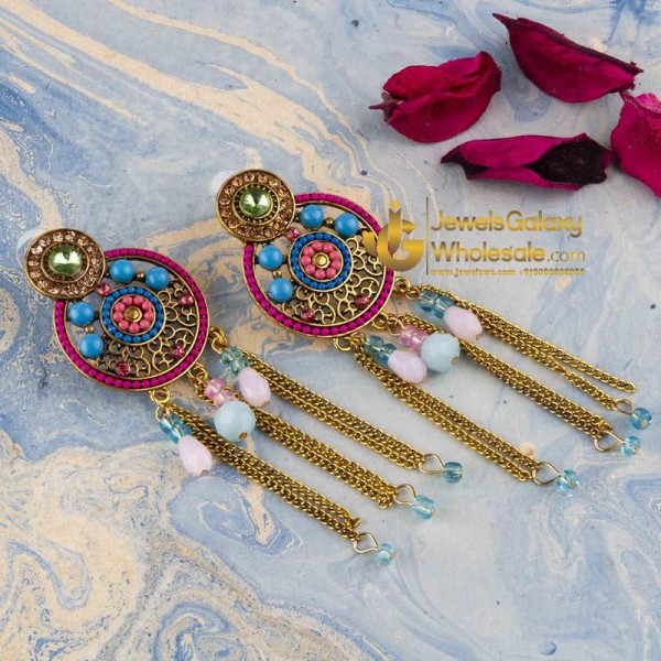 Pink & Blue Antique Gold-Plated Beaded Handcrafted Circular Drop Earrings