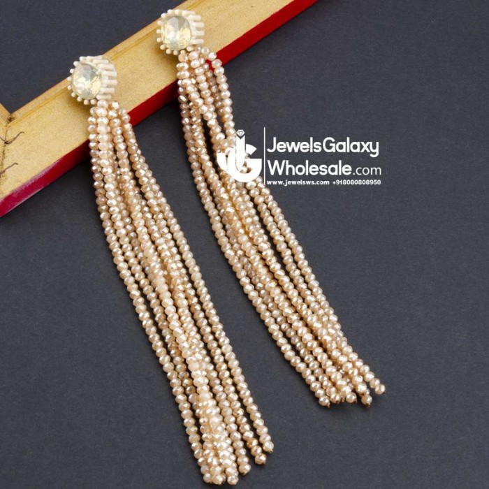 Beige Beaded Tasselled Handcrafted Drop Earrings