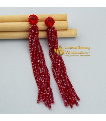 Red Beaded & Tasselled Handcrafted Contemporary Drop Earrings