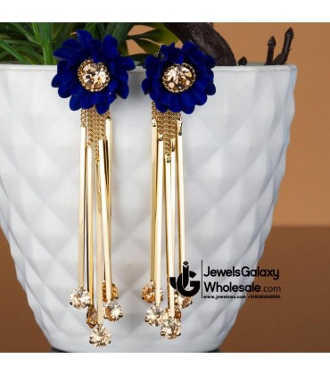 Navy Blue Gold-Plated Handcrafted Floral Drop Earrings