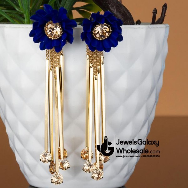 Navy Blue Gold-Plated Handcrafted Floral Drop Earrings