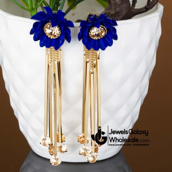 Navy Blue Gold-Plated Handcrafted Floral Drop Earrings