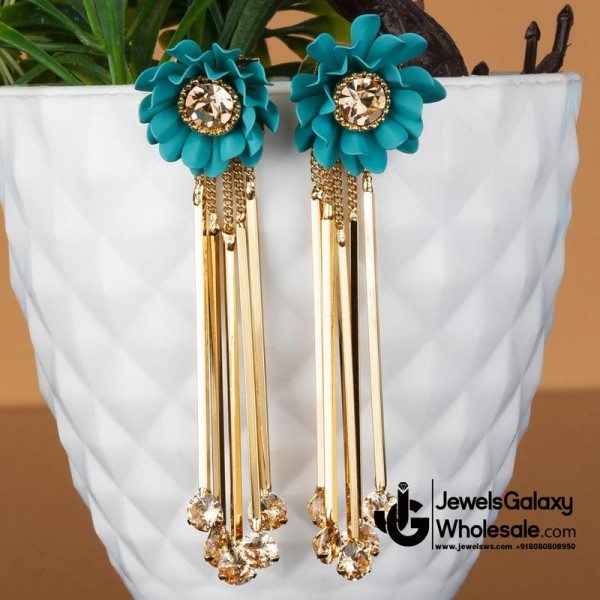 Turquoise Blue Gold-Plated Handcrafted Floral Drop Earrings