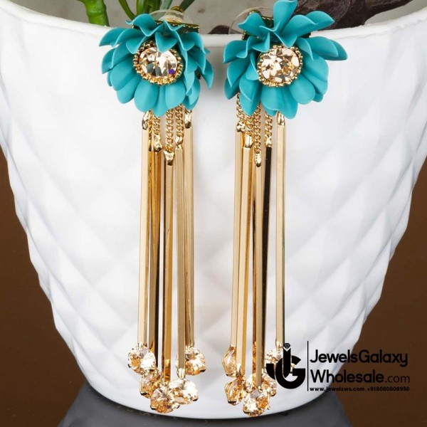 Turquoise Blue Gold-Plated Handcrafted Floral Drop Earrings