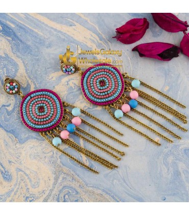 Pink & Blue Gold-Plated Beaded Handcrafted Circular Drop Earrings