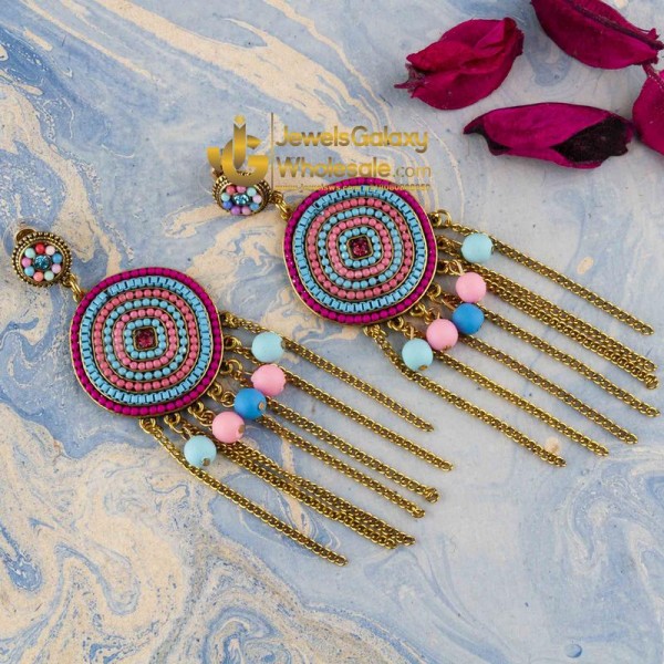 Pink & Blue Gold-Plated Beaded Handcrafted Circular Drop Earrings