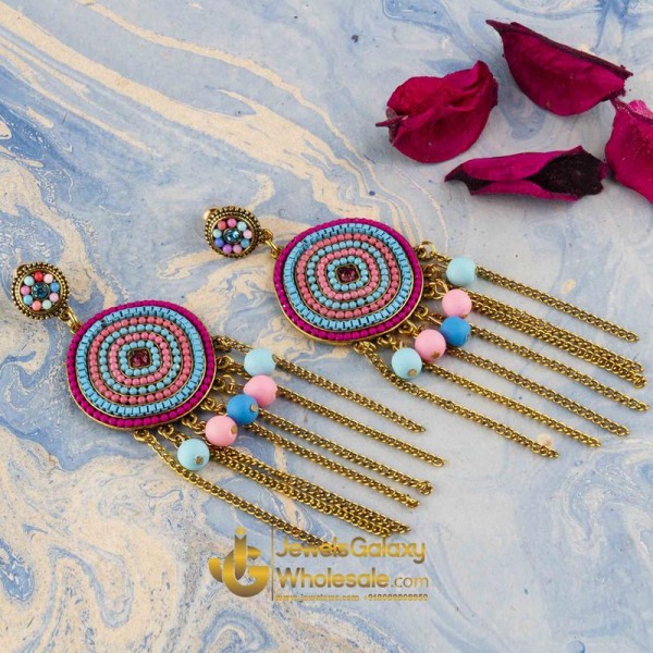 Pink & Blue Gold-Plated Beaded Handcrafted Circular Drop Earrings
