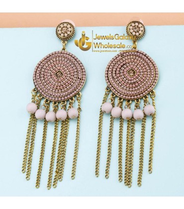 Peach-Coloured Antique Gold-Plated Beaded Handcrafted Circular Drop Earrings