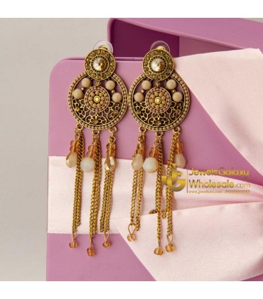 Peach-Coloured Antique Gold-Plated Beaded Handcrafted Circular Drop Earrings