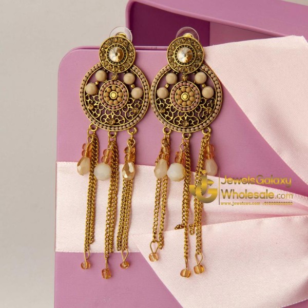 Peach-Coloured Antique Gold-Plated Beaded Handcrafted Circular Drop Earrings