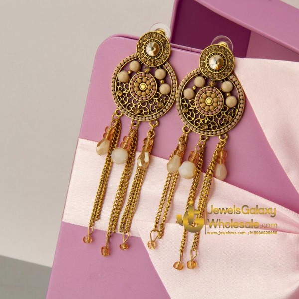 Peach-Coloured Antique Gold-Plated Beaded Handcrafted Circular Drop Earrings